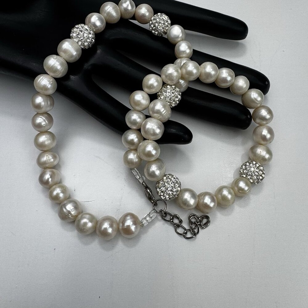 Freshwater Pearl Necklace With Sparkling Pave Crystal Beads Elegant Adjustable - Picture 1 of 9
